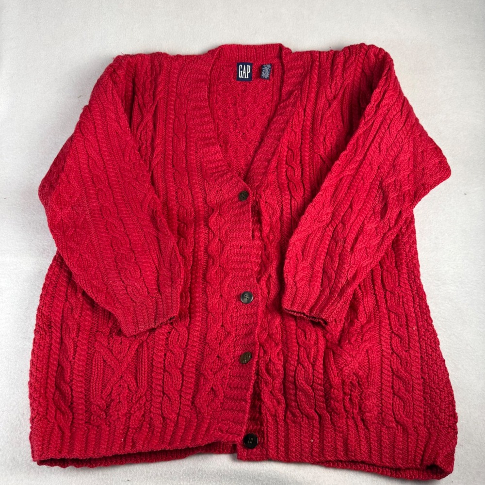 Gap Vintage Red Handknit 100% Wool Cable Knit Cardigan Sweater Large Womens